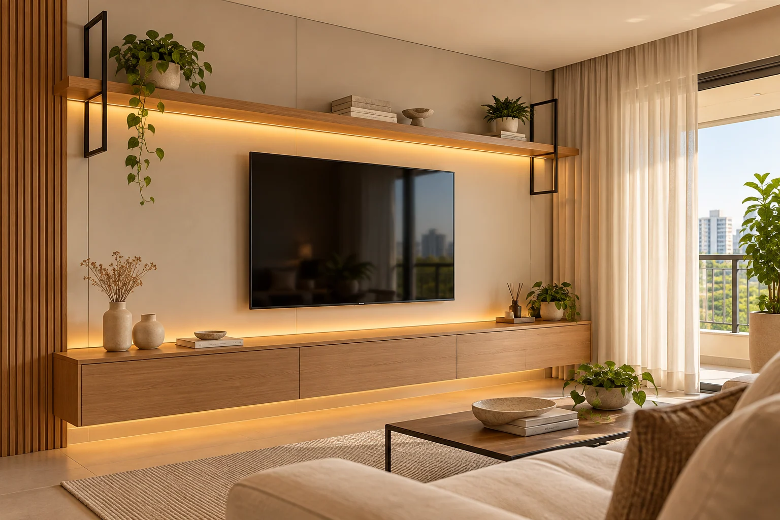Inspiração de sala com painel e marcenaria amadeirada